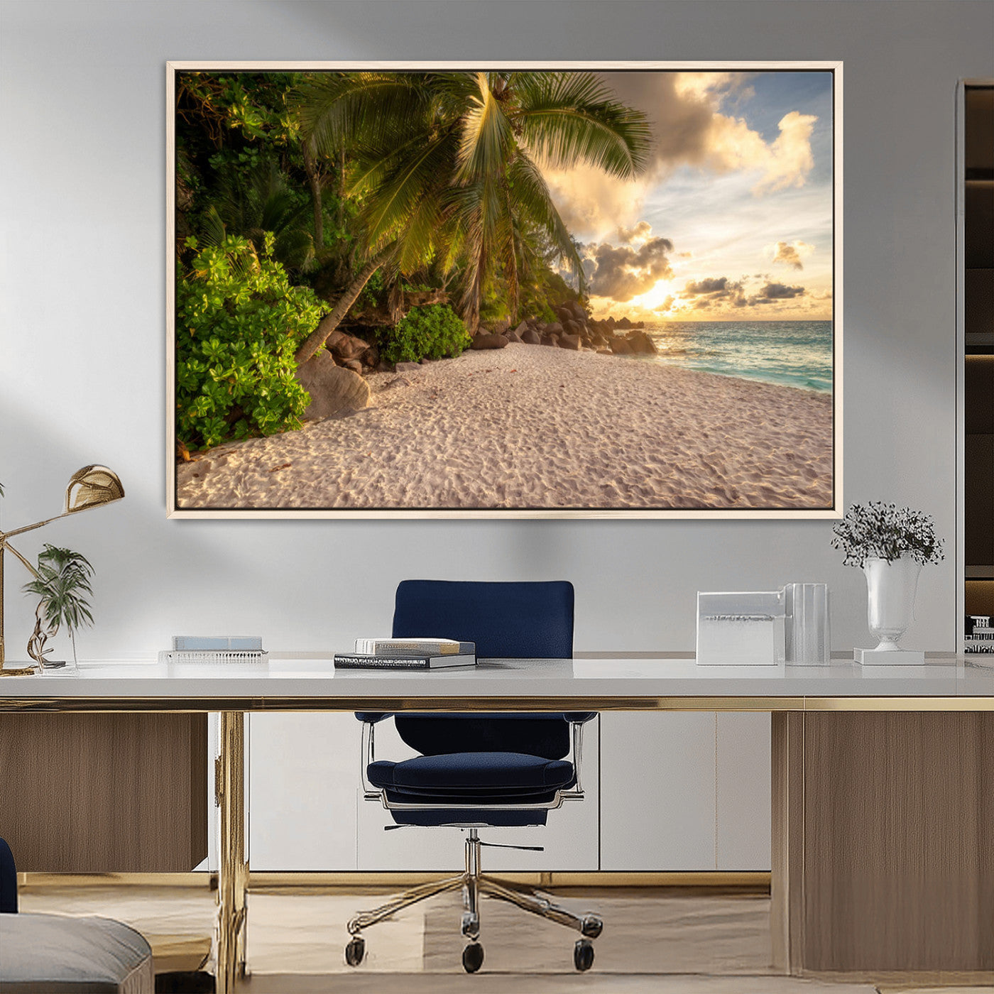 89531159-MGV-CV-36X24-Tropical Beach Sunset Canvas Wall Art – Palm Trees Golden Sand Ocean Waves Coastal Paradise Print for Beach House Bedroom Bathroom