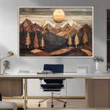 90044381-MGV-CV-36X24-Rustic Wall Art – Wooden Mountain Landscape with Sun and Pine Trees, Handcrafted Nature Canvas Style Decor for Bedroom, Living