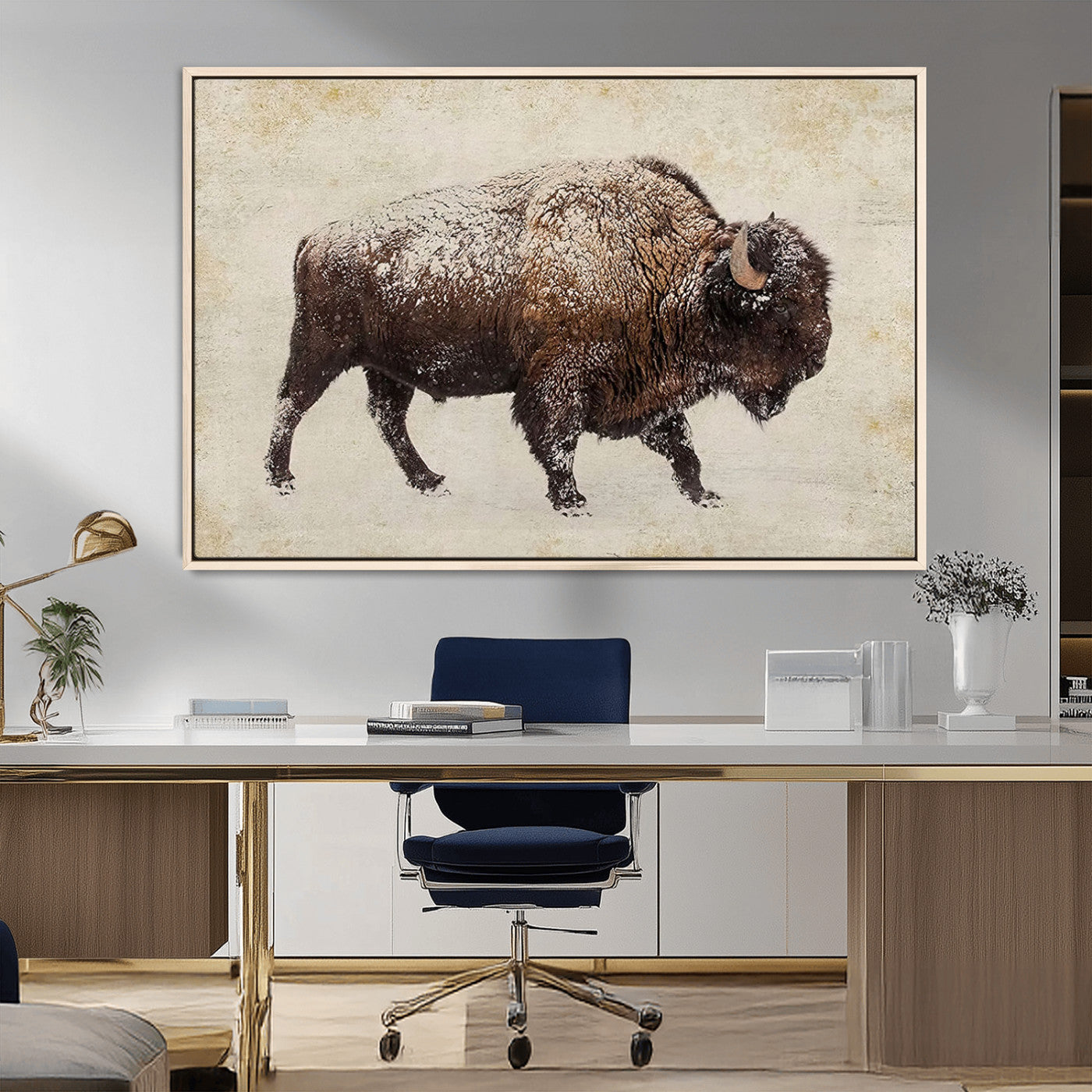 54810031-MGV-FC-36X24_Natural-Western Wall Art – Snow Covered Bison Canvas Print, Rustic Wildlife Photography Decor for Bedroom, Living Room, Office, Lodge,