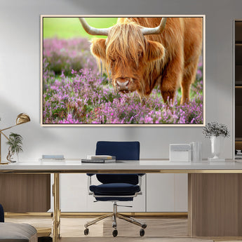 64069351-MGV-FC-36X24_Natural-Farmhouse Wall Art – Highland Cow in Wildflowers Canvas Print, Rustic Country Cattle Photography Decor for Bedroom, Living Room,