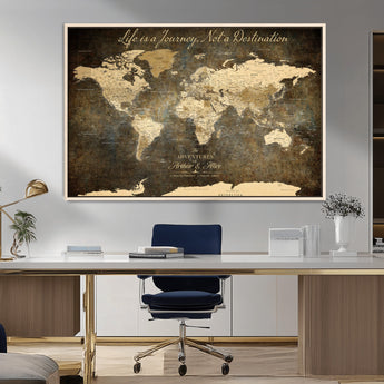 13394308-MGV-CV-36X24-Personalized World Map Wall Art – Dark Rustic Vintage Adventure Travel Map with Custom Couple Names, Timeless Wall Decor for Home