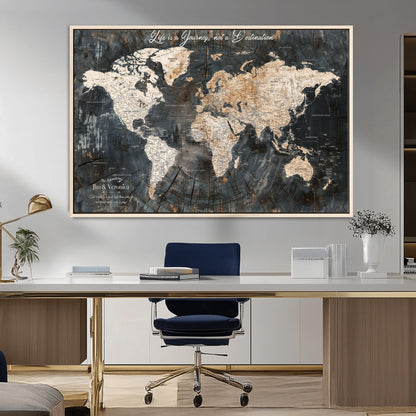 55548943-MGV-FC-36X24_Natural-Personalized World Map Wall Art – Rustic Wood Texture Adventure Travel Map with Custom Couple Names, Vintage Dark Wall Decor for