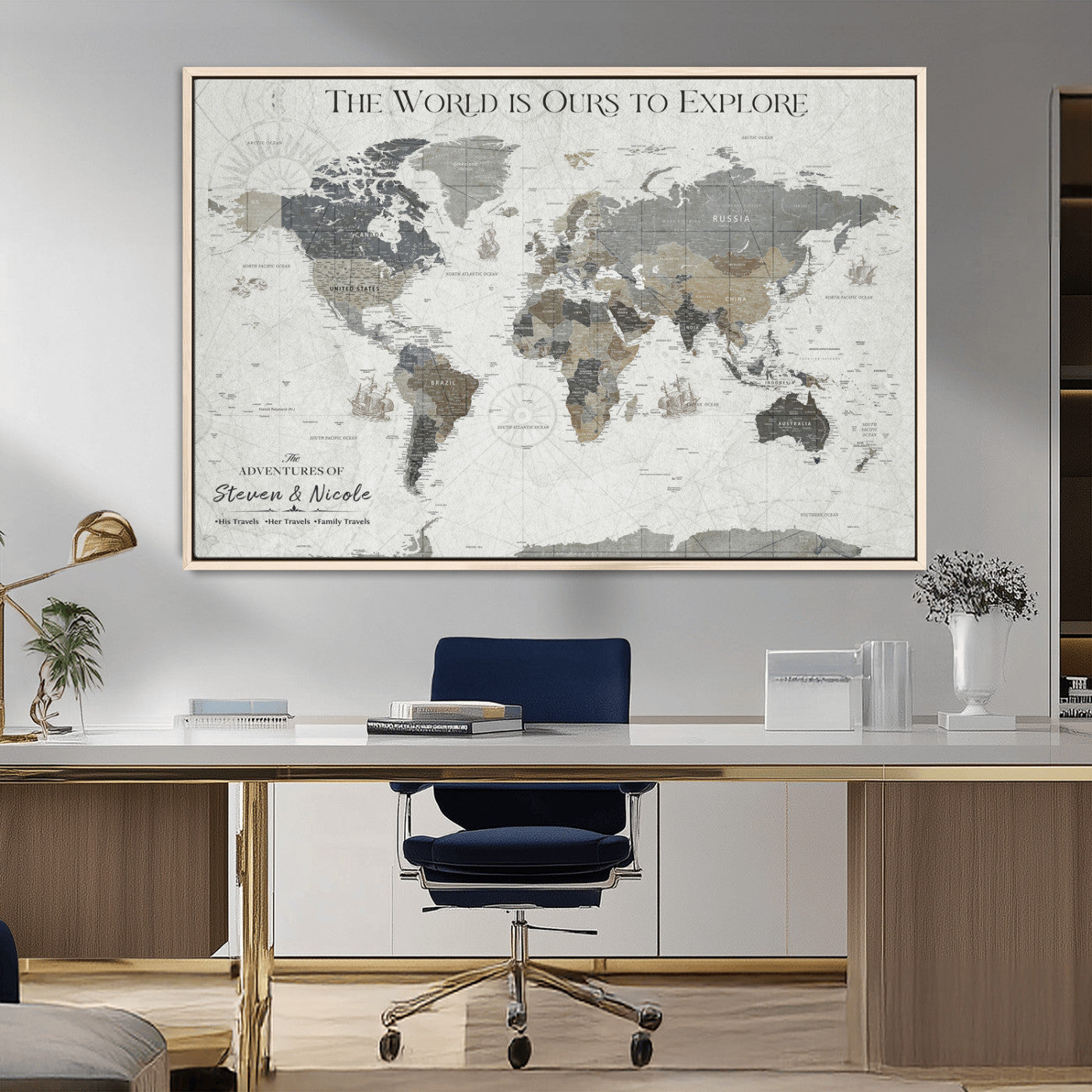 97082026-MGV-FC-36X24_Natural-Personalized World Map Wall Art – Vintage Gray Adventure Travel Map with Custom Couple or Family Names, Rustic Wall Decor for Home