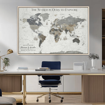 97082026-MGV-FC-36X24_Natural-Personalized World Map Wall Art – Vintage Gray Adventure Travel Map with Custom Couple or Family Names, Rustic Wall Decor for Home