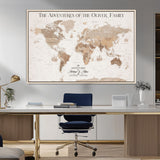 43869621-MGV-FC-36X24_Natural-Personalized World Map Wall Art – Light Beige Sepia Adventure Travel Map with Custom Family or Couple Names, Rustic Wall Decor for
