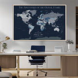 76726424-MGV-CV-36X24-Personalized World Map Wall Art – Navy Blue & Grey Adventure Travel Map with Custom Family or Couple Names, Modern Wall Decor for