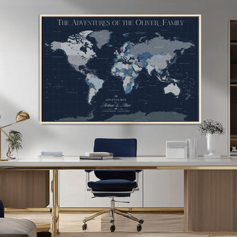 76726424-MGV-CV-36X24-Personalized World Map Wall Art – Navy Blue & Grey Adventure Travel Map with Custom Family or Couple Names, Modern Wall Decor for
