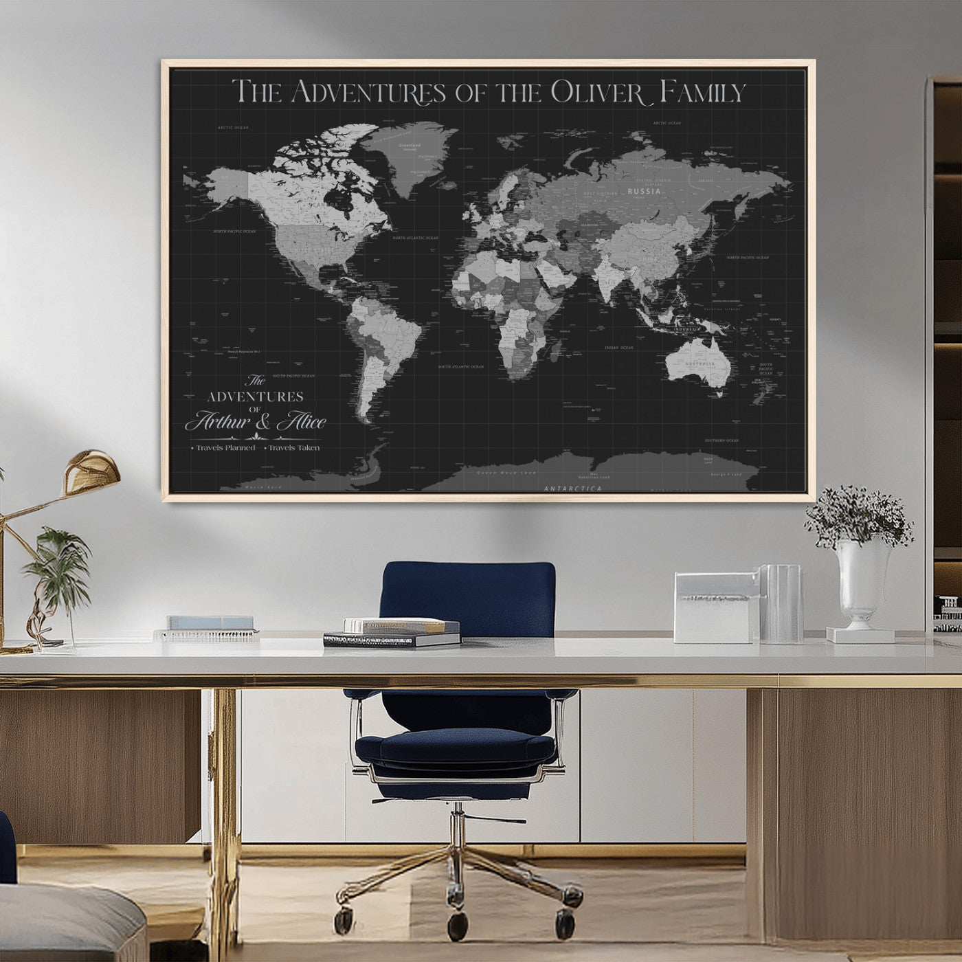 46064114-MGV-CV-36X24-Personalized World Map Wall Art – Black & Grey Adventure Travel Map with Custom Family or Couple Names, Modern Wall Decor for Home