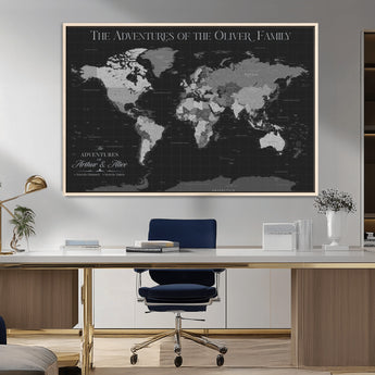 46064114-MGV-CV-36X24-Personalized World Map Wall Art – Black & Grey Adventure Travel Map with Custom Family or Couple Names, Modern Wall Decor for Home