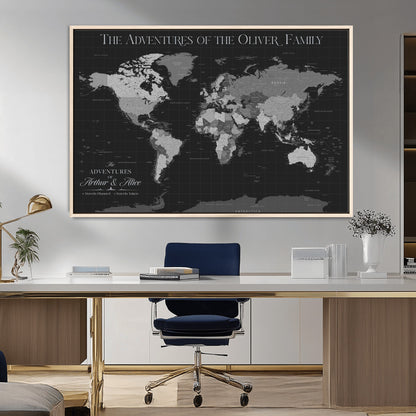 46064114-MGV-CV-36X24-Personalized World Map Wall Art – Black & Grey Adventure Travel Map with Custom Family or Couple Names, Modern Wall Decor for Home