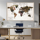 33631532-MGV-FC-36X24_Natural-Personalized World Map Wall Art – Dark Vintage Adventure Travel Map with Custom Names, Rustic Wall Decor for Couples, Home or