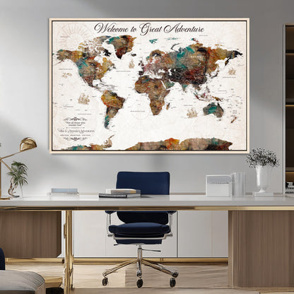67029173-MGV-FC-36X24_Natural-Personalized World Map Wall Art – Colorful Vintage Adventure Travel Map with Custom Couple Names, Rustic Wall Decor for Home,