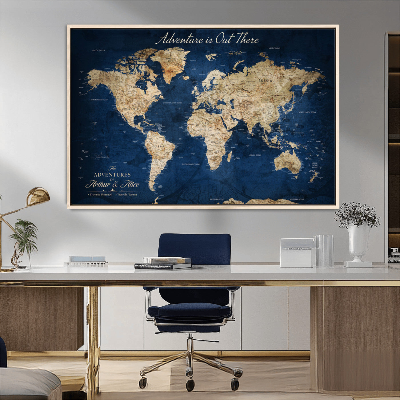 71052542-MGV-FC-36X24_Natural-Personalized World Map Wall Art – Rustic Navy Blue Adventure Travel Map with Custom Couple Names, Vintage Wall Decor for Home or