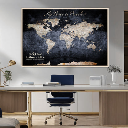 85403043-MGV-CV-36X24-Personalized World Map Wall Art – Dark Blue Rustic Adventure Map with Custom Couple Names, Vintage Wall Decor for Home or Travel