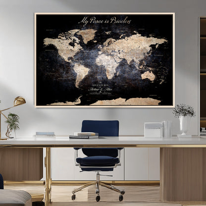 51488142-MGV-CV-36X24-Personalized World Map Wall Art – Dark Rustic Adventure Travel Map with Custom Names, Vintage Wall Decor for Couples, Families or