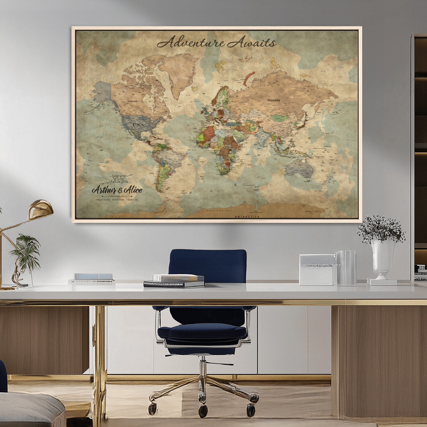 62500285-MGV-FC-36X24_Natural-Personalized World Map Wall Art – Rustic Watercolor Adventure Awaits Travel Map with Custom Couple Names, Vintage Wall Decor for