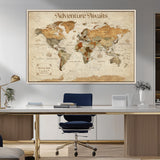 18685073-MGV-FC-36X24_Natural-Personalized World Map Wall Art – Antique Vintage Parchment Adventure Awaits Travel Map with Custom Couple Names, Rustic Wall