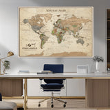62766900-MGV-CV-36X24-Personalized World Map Wall Art – Antique Parchment Adventure Travel Map with Custom Couple Names, Rustic Wall Decor for Home,