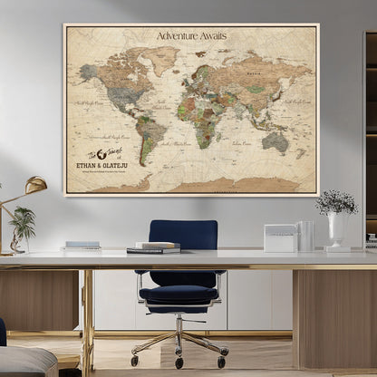 62766900-MGV-CV-36X24-Personalized World Map Wall Art – Antique Parchment Adventure Travel Map with Custom Couple Names, Rustic Wall Decor for Home,