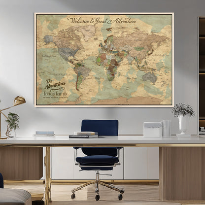 32019746-MGV-CV-36X24-Personalized World Map Wall Art – Vintage Camo Adventure Travel Map with Custom Family Names, Rustic Wall Decor for Couples, Home