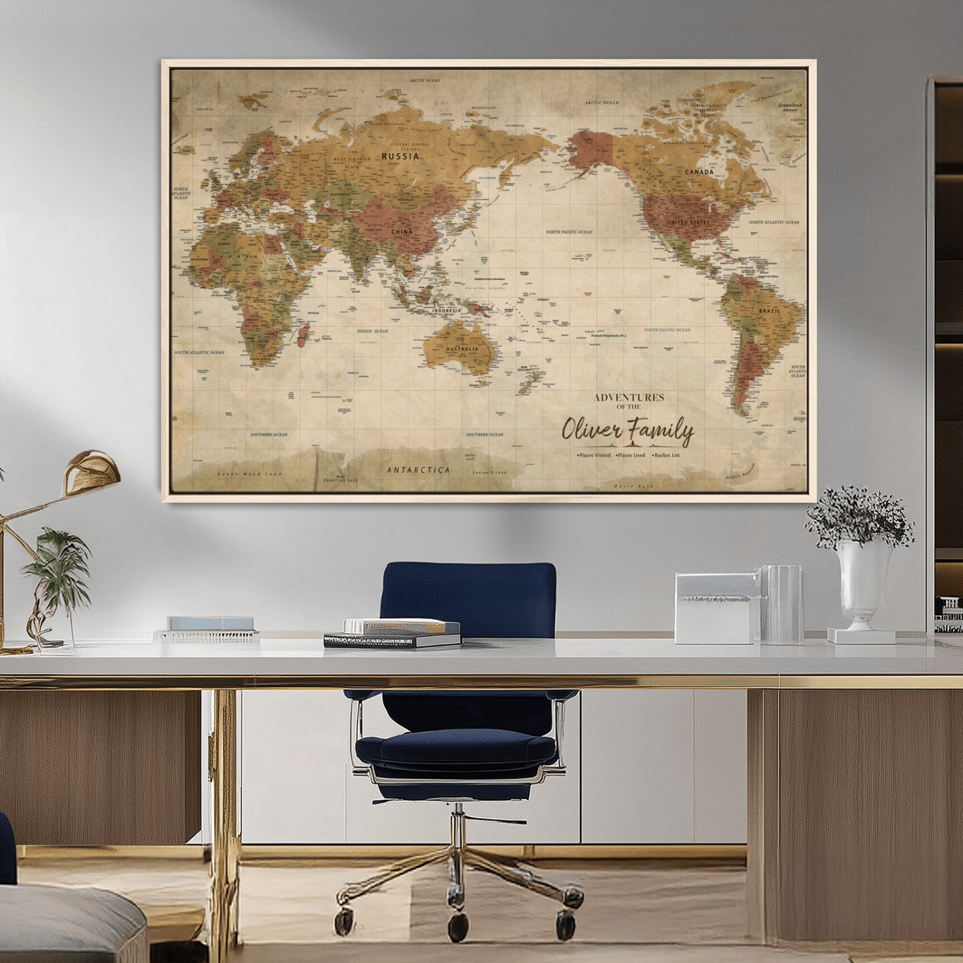 31874045-MGV-FC-36X24_Natural-Personalized World Map Wall Art – Vintage Earth Tone Adventure Map with Custom Family Names, Rustic Travel Decor for Home, Couples