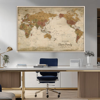 31874045-MGV-FC-36X24_Natural-Personalized World Map Wall Art – Vintage Earth Tone Adventure Map with Custom Family Names, Rustic Travel Decor for Home, Couples