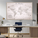 11706567-MGV-FC-36X24_Natural-Personalized World Map Wall Art – Minimalist Beige Adventure Travel Map with Custom Names, Elegant Push Pin Canvas for Couples,