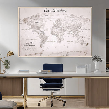 11706567-MGV-FC-36X24_Natural-Personalized World Map Wall Art – Minimalist Beige Adventure Travel Map with Custom Names, Elegant Push Pin Canvas for Couples,