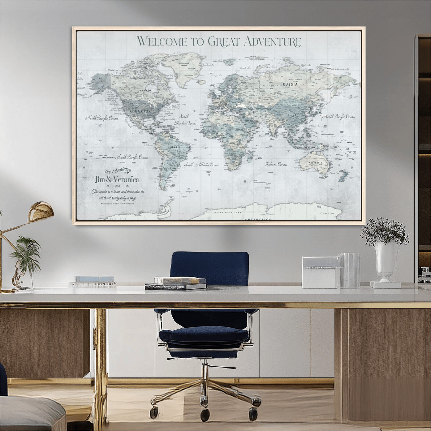 70605050-MGV-FC-36X24_Natural-Personalized World Map Wall Art – Cool Gray Adventure Travel Map with Custom Names, Elegant Push Pin Canvas for Couples, Family