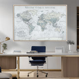70605050-MGV-FC-36X24_Natural-Personalized World Map Wall Art – Cool Gray Adventure Travel Map with Custom Names, Elegant Push Pin Canvas for Couples, Family