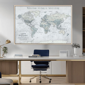 70605050-MGV-FC-36X24_Natural-Personalized World Map Wall Art – Cool Gray Adventure Travel Map with Custom Names, Elegant Push Pin Canvas for Couples, Family