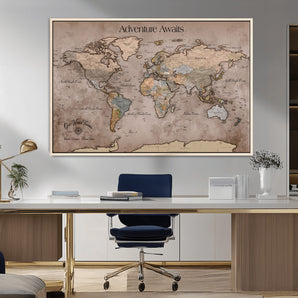 93226713-MGV-CV-36X24-Personalized World Map Wall Art – Adventure Awaits Rustic Earth-Tone Travel Map with Custom Names, Vintage Wall Decor for Couples,