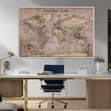 93226713-MGV-CV-36X24-Personalized World Map Wall Art – Adventure Awaits Rustic Earth-Tone Travel Map with Custom Names, Vintage Wall Decor for Couples,
