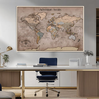 93226713-MGV-CV-36X24-Personalized World Map Wall Art – Adventure Awaits Rustic Earth-Tone Travel Map with Custom Names, Vintage Wall Decor for Couples,