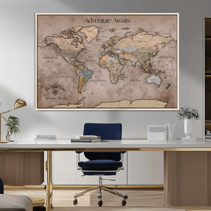 93226713-MGV-CV-36X24-Personalized World Map Wall Art – Adventure Awaits Rustic Earth-Tone Travel Map with Custom Names, Vintage Wall Decor for Couples,