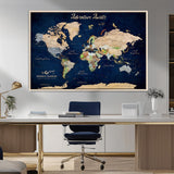 80965072-MGV-FC-36X24_Natural-Personalized World Map Wall Art – Adventure Awaits Navy Blue Travel Map with Custom Names, Rustic Vintage Wall Decor for Couples,