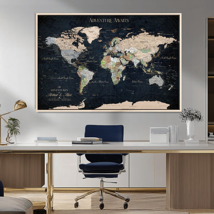 15547583-MGV-FC-36X24_Natural-Personalized World Map Wall Art – Rustic Navy Adventure Awaits Travel Map with Custom Couple Names, Vintage Wall Decor for Home or
