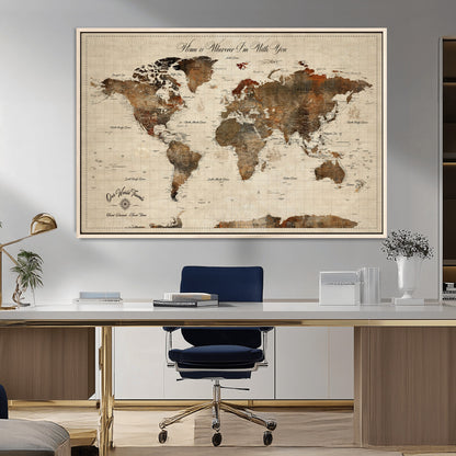 48225643-MGV-CV-36X24-Personalized World Map Wall Art – Rustic Vintage Adventure Travel Map with Custom Couple Names, Romantic Wall Decor for Home or