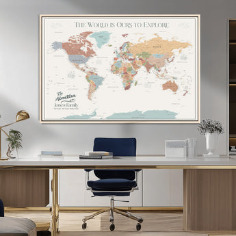 69180591-MGV-CV-36X24-Personalized World Map Wall Art – Rustic Vintage Adventure Travel Map with Custom Family Names, Unique Wall Decor for Couples,