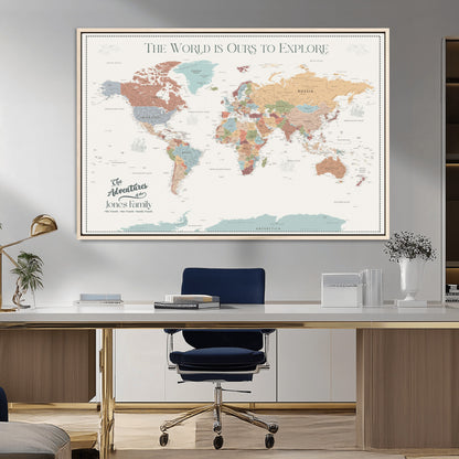 69180591-MGV-CV-36X24-Personalized World Map Wall Art – Rustic Vintage Adventure Travel Map with Custom Family Names, Unique Wall Decor for Couples,