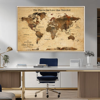 50680593-MGV-CV-36X24-Personalized World Map Wall Art – Rustic Brown Adventure Travel Map with Custom Names, Elegant Push Pin Canvas for Couples Home,