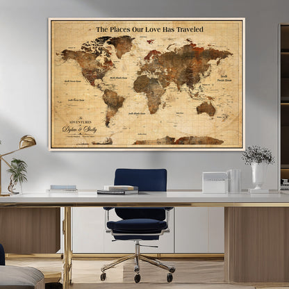50680593-MGV-CV-36X24-Personalized World Map Wall Art – Rustic Brown Adventure Travel Map with Custom Names, Elegant Push Pin Canvas for Couples Home,