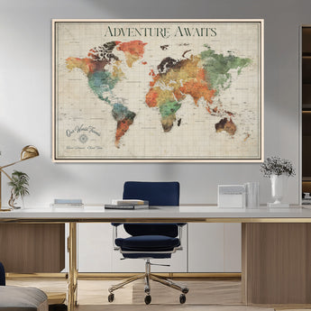 24737989-MGV-FC-36X24_Natural-Personalized World Map Wall Art – Colorful Vintage Adventure Travel Map with Custom Names, Unique Wall Decor for Couples,