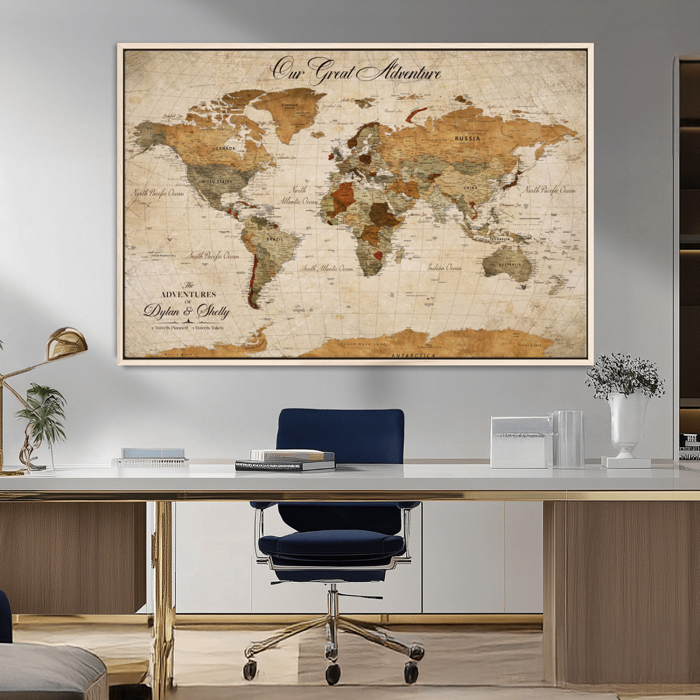 91961147-MGV-FC-36X24_Natural-Personalized World Map Wall Art – Vintage Sepia Adventure Travel Map with Custom Couple Names, Rustic Wall Decor for Home, Couples