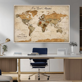 91961147-MGV-FC-36X24_Natural-Personalized World Map Wall Art – Vintage Sepia Adventure Travel Map with Custom Couple Names, Rustic Wall Decor for Home, Couples