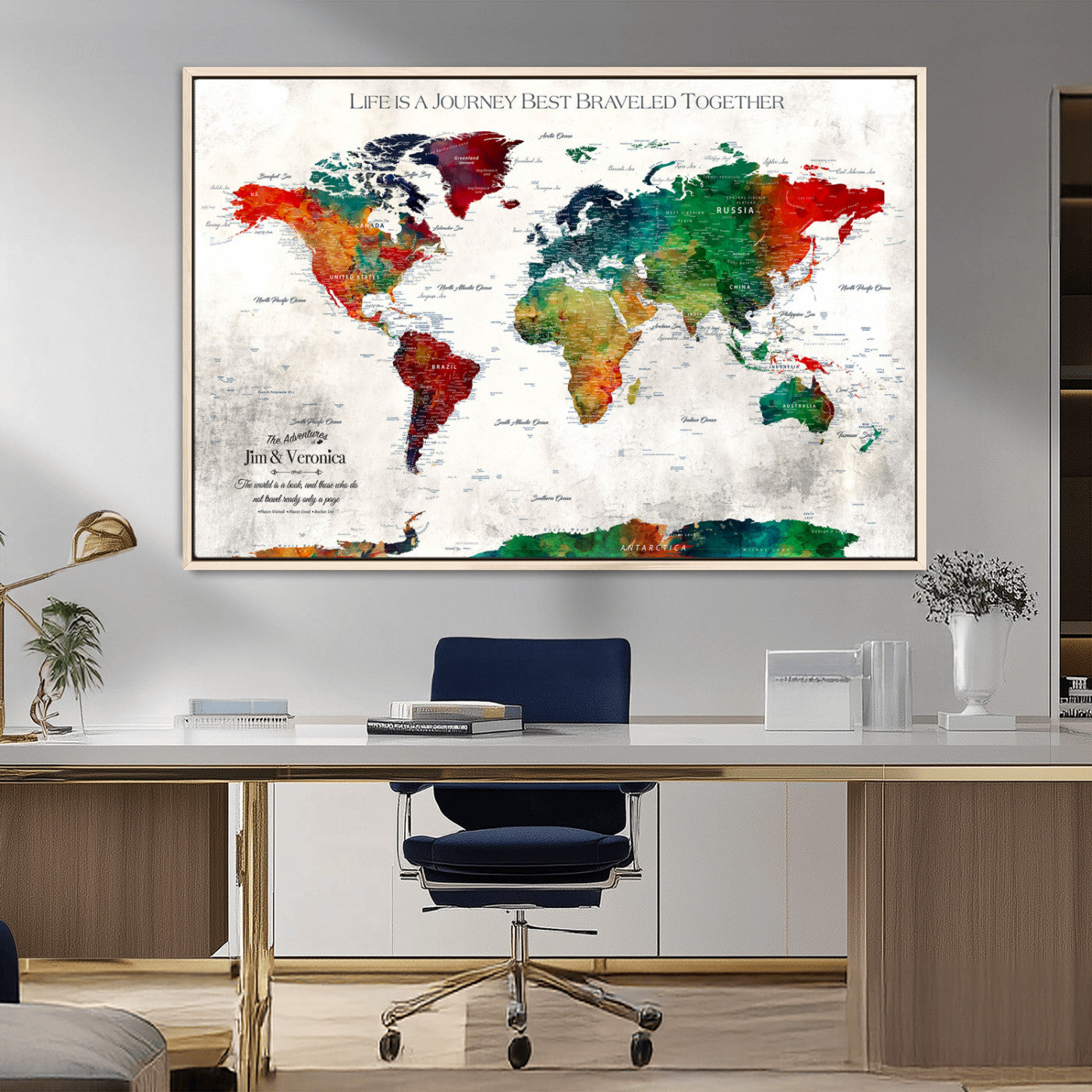 95876117-MGV-CV-36X24-Personalized World Map Wall Art – Colorful Watercolor Travel Map with Custom Names, Romantic Wall Decor for Couples, Wedding or