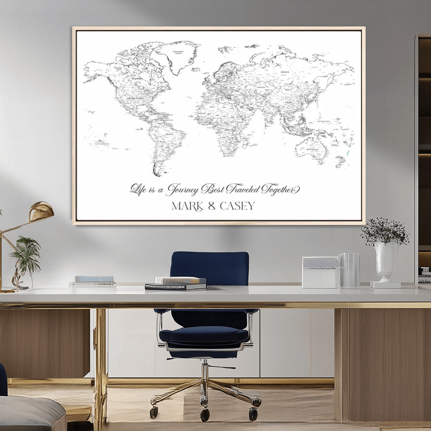 43438578-MGV-CV-36X24-Personalized World Map Wall Art – Black and White Minimal Travel Map with Custom Names, Elegant Wall Decor for Couples, Wedding or