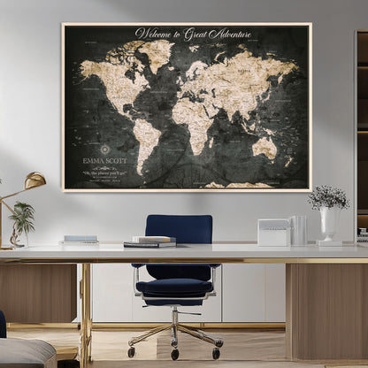 70534097-MGV-CV-36X24-Personalized World Map Wall Art – Dark Vintage Adventure Style Travel Map with Custom Names, Unique Wall Decor for Couples, Home