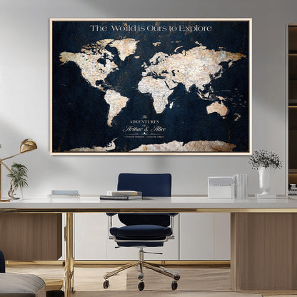 13231361-MGV-FC-36X24_Natural-Personalized World Map Wall Art – Navy Blue Vintage Adventure Travel Map with Custom Names, Elegant Push Pin Canvas for Couples