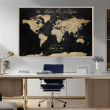 98947257-MGV-FC-36X24_Natural-Personalized World Map Wall Art – Vintage Black Adventure Travel Map with Custom Names, Elegant Push Pin Canvas for Couples Home